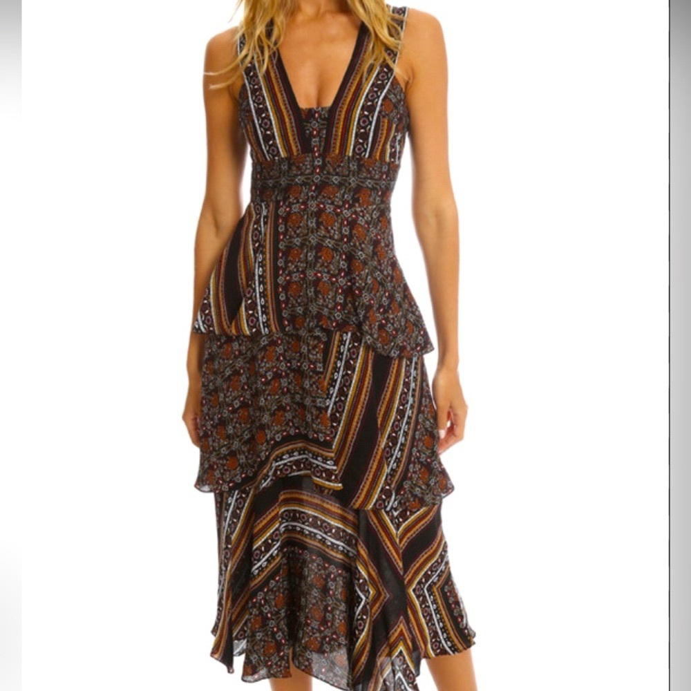 A.L.C. Hayley Scarf-Print Tiered Silk Midi Dress Boho Vacation Spring Size 2. - Picture 6 of 9
